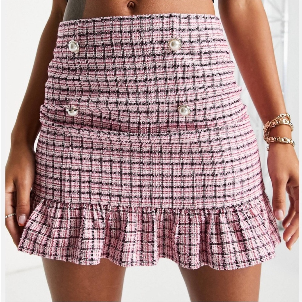 Miss Selfridge Pink Plaid Boucle Skirt